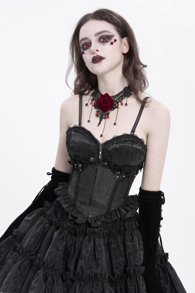 Black Sleeveless Ruffle Embroidery Lace-Up Women's Gothic Tank Top