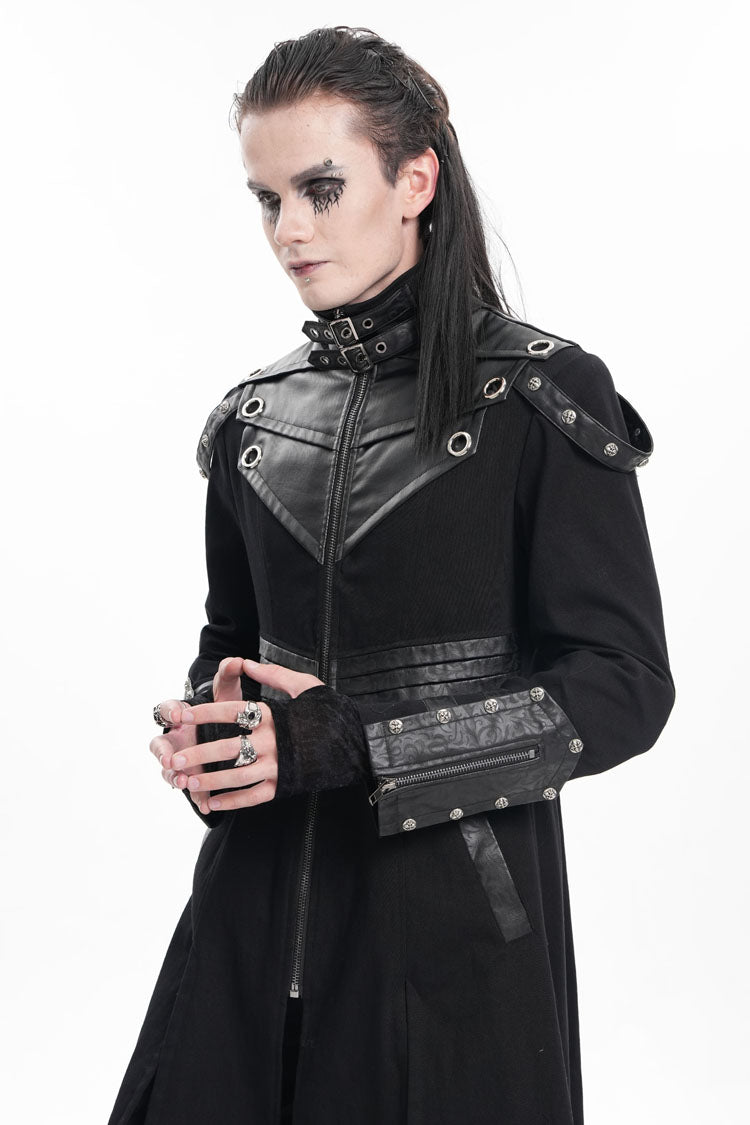 Black Stand Collar Eyelets Buckle-up Ring Long Sleeves Stitching Men's Gothic Coat