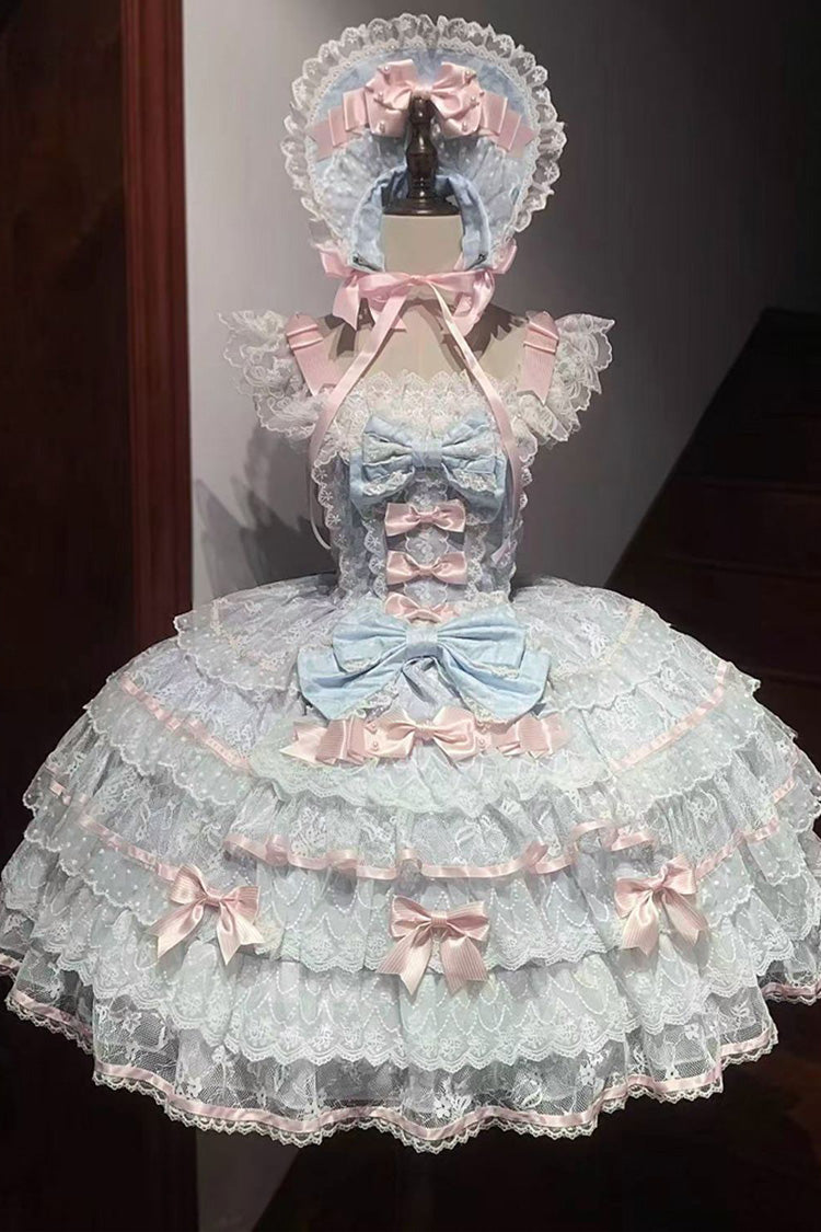 Blue [Moon-Tide Butterfly’s Call] Sleeveless Multi-Layered Ruffle Bowknot Lace Sweet Lolita Jsk Dress