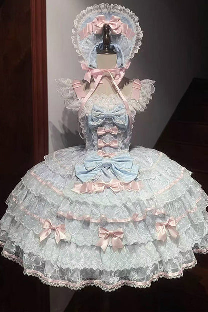 Blue [Moon-Tide Butterfly’s Call] Sleeveless Multi-Layered Ruffle Bowknot Lace Sweet Lolita Jsk Dress