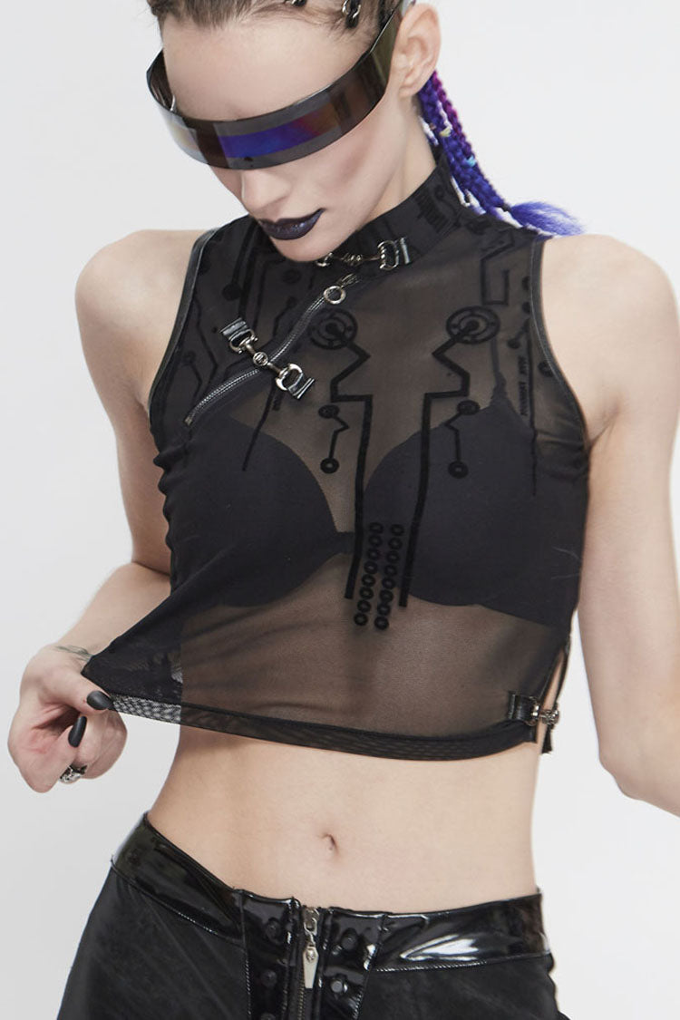 Black Stand Up Collar Sleeveless Flocked Printed Mesh Metal Women's Punk Vest