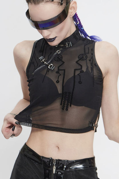 Black Stand Up Collar Sleeveless Flocked Printed Mesh Metal Women's Punk Vest