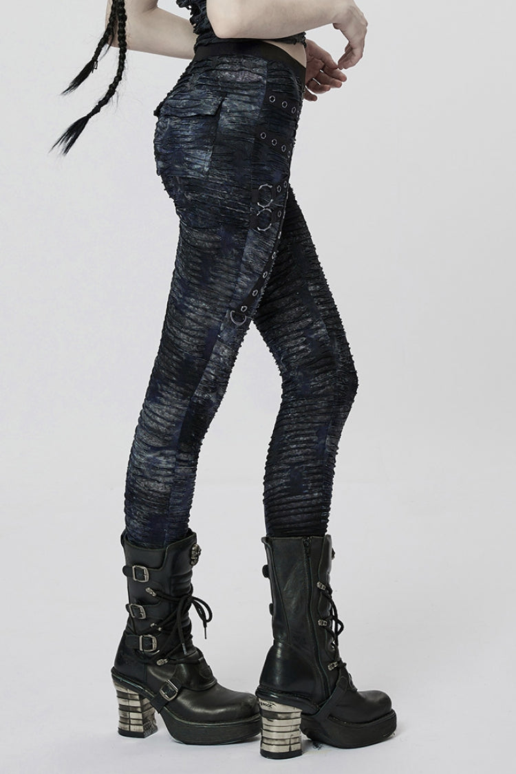 Slim Ripped Tie-dyed Metal Loop Women's Steampunk Leggings 2 Colors