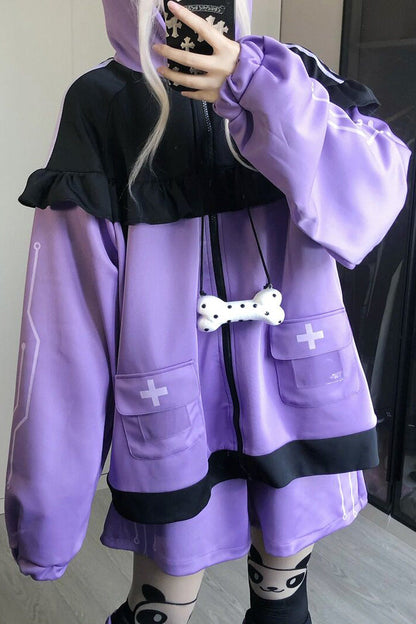 Purple Long Sleeves Cat Ears Hooded Jirai Kei Japanese Shorts Coat Set