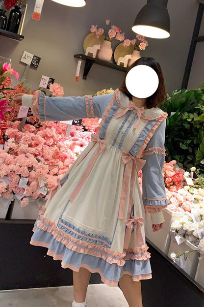 Blue/Pink [Sweetheart Puff] Doll Collar Long Sleeves Ruffle Bowknot Sweet Plus Size Lolita Dress