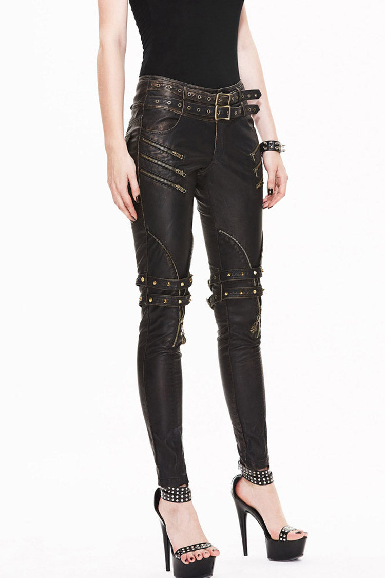 Brown Leather Metal Eyelets Belt Metal Buckle Leg Loop Hand-Rubbed Women's Punk Pants