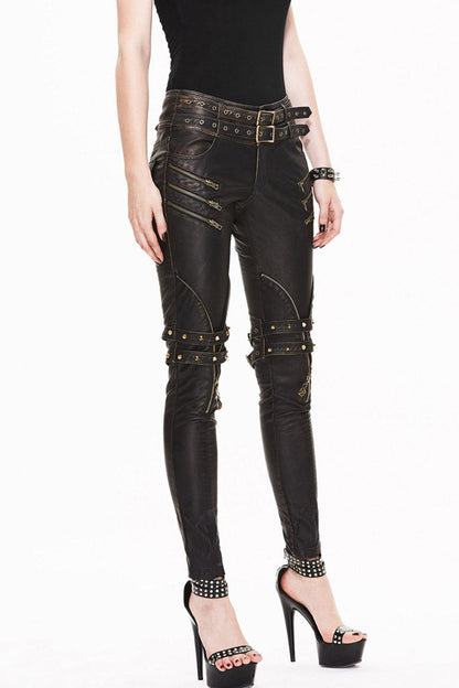 Brown Leather Metal Eyelets Belt Metal Buckle Leg Loop Hand-Rubbed Women's Punk Pants