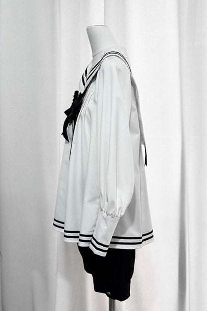 Black/White [Old Stories] Navy Collar Long Sleeves Bowknot Ouji Gothic Lolita Blouse Shorts Set