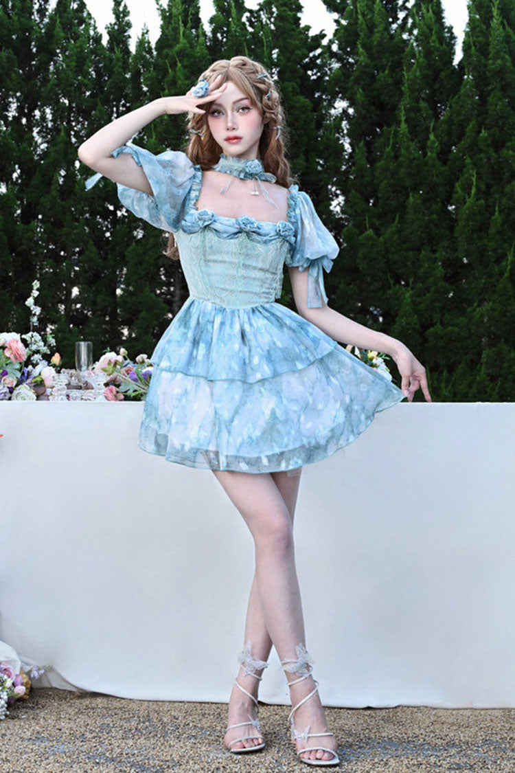 Blue Square Collar Short Puff Sleeves Multi-Layered Print Ruffle Bowknot Tie-dyed Sweet Princess Lolita Dress