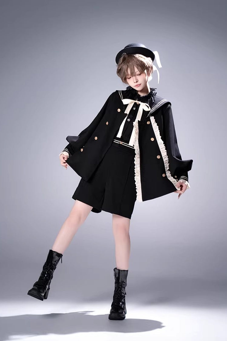 Black [City of Mist] Navy Collar Long Sleeves Gothic College Style Prince Ouji Lolita Shorts Coat Set