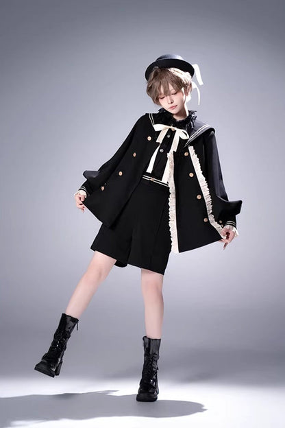 Black [City of Mist] Navy Collar Long Sleeves Gothic College Style Prince Ouji Lolita Shorts Coat Set
