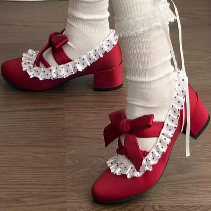 Satin Ruffled Lace-Up Sweet Classic Elegant Lolita Heels 2 Colors