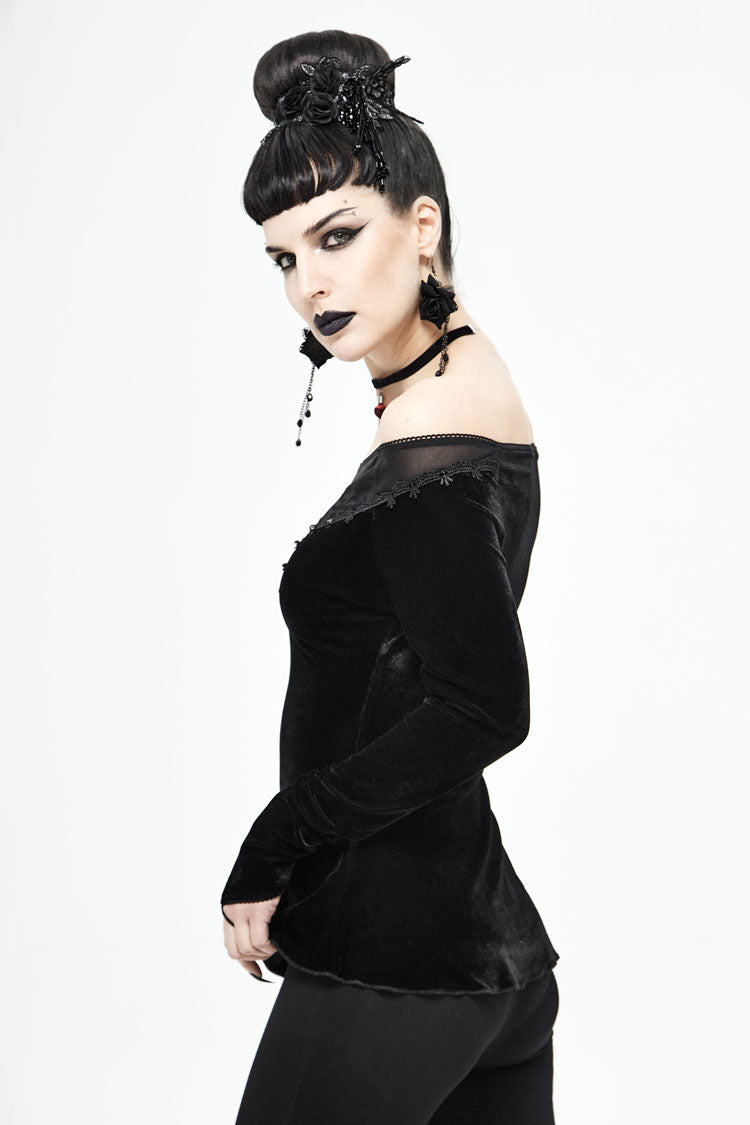 Black Velvet Off Shoulder Long Sleeve Mesh Collar Chest Flocking Pattern Women's Punk T-Shirt