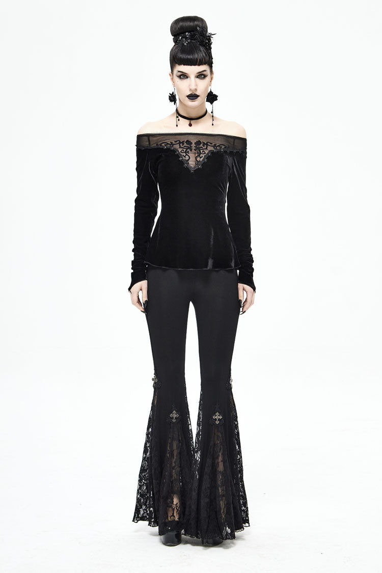 Black Velvet Off Shoulder Long Sleeve Mesh Collar Chest Flocking Pattern Women's Punk T-Shirt
