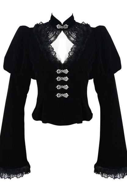 Small Stand Collar Flared Princess Sleeve Black Velveteen Short Womens Gothic Jacket
