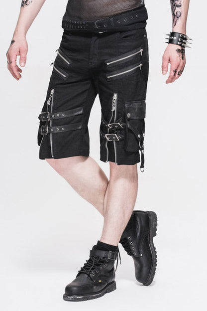 Black Punk Rock Adjustable Zippered Summer With Loops Shorts Mens Pants