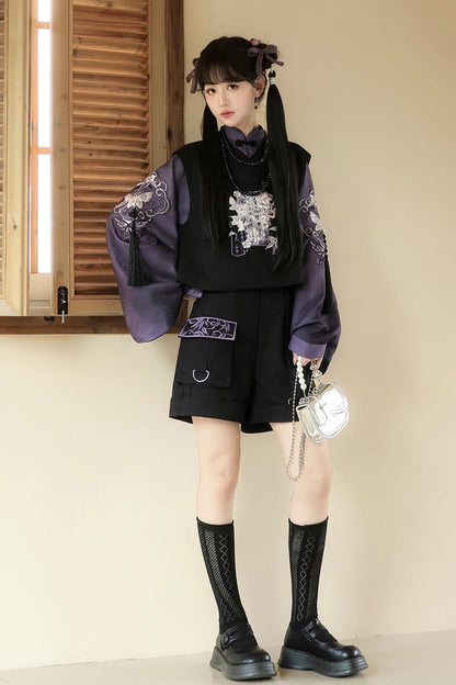 Black/Purple Stand Collar Long Sleeves Embroidery Classic Chinese Style Prince Hanfu Ouji Set
