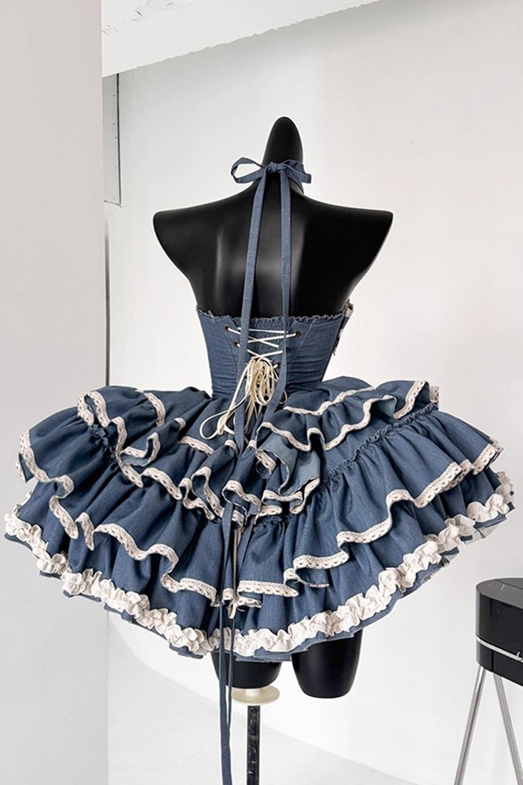 Blue [Milk Rabbit Theater] Halterneck Sleeveless Triple-Layered Ruffle Bowknot Lace-Up Sweet Lolita Jsk Dress
