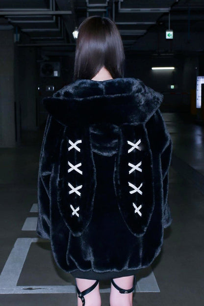 Black Rabbit Ears Long Sleeves Hooded Punk Jirai Kei Coat