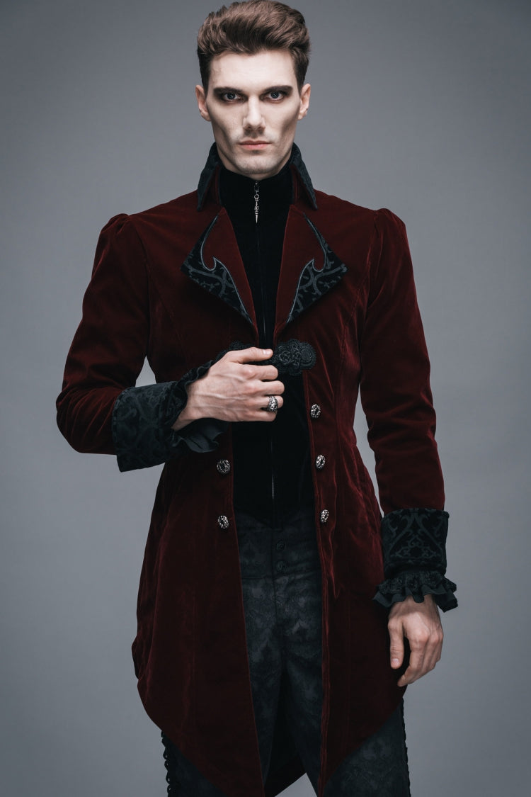Wine Formal Party Turn Down Collar Long Sleeves Mens Gothic Swallowtail Coat
