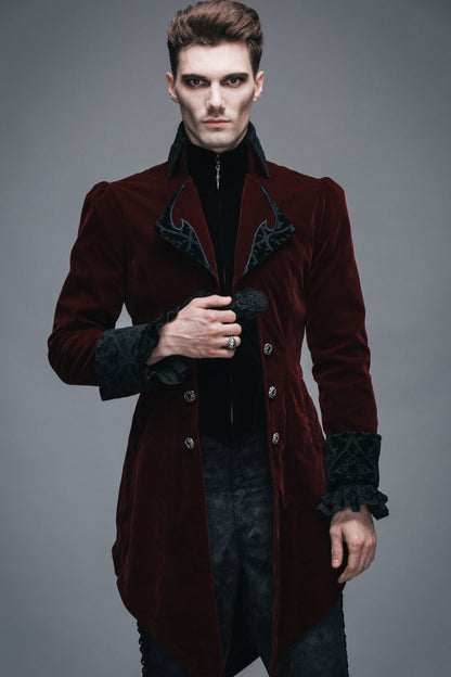 Wine Formal Party Turn Down Collar Long Sleeves Mens Gothic Swallowtail Coat