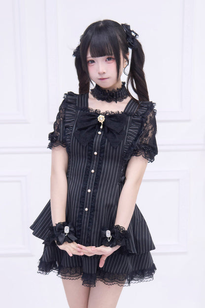 Black [Waltz] Short Sleeves Stripe Print Ruffle Bowknot Gothic Jirai Kei Japanese Dress Set