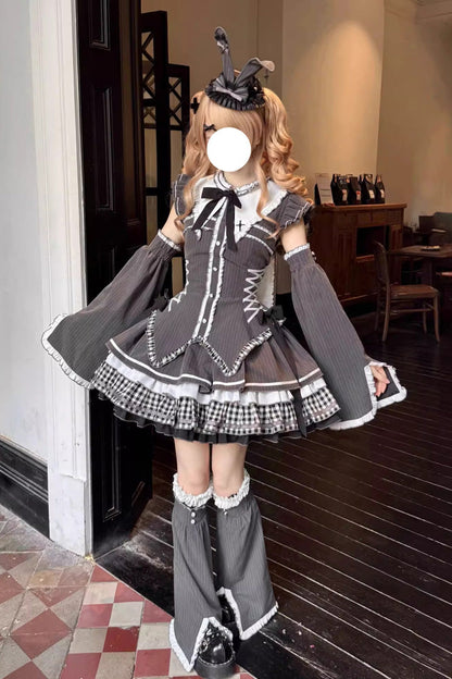 Black [Berlin Covenant] Detachable Sleeves Hime Sleeves Print Ruffle Bowknot Lace-Up Gothic Lolita Dress Set