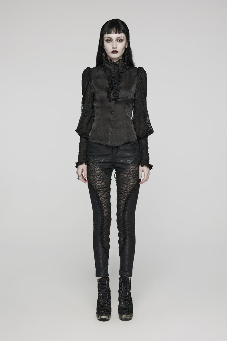 Black Stand Collar Lace Long Sleeves Ruffle Hollow Womens Gothic Blouse