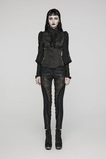 Black Stand Collar Lace Long Sleeves Ruffle Hollow Womens Gothic Blouse