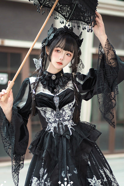 Black [Feast of Bones] Print Ruffle Bowknot Lace Gothic Elegant Lolita Long Dress