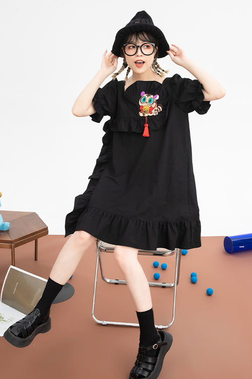 Black Ruffled Square Collar Cute Tiger Embroidered Bubble Short Sleeves High Waisted Sweet Lolita Dress