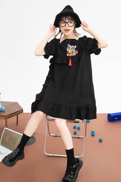 Black Ruffled Square Collar Cute Tiger Embroidered Bubble Short Sleeves High Waisted Sweet Lolita Dress
