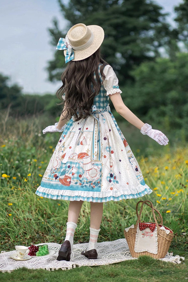 Blue/Green [Tea Party] Short Sleeves Print Ruffle Bowknot Lace Sweet Elegant Lolita Dress