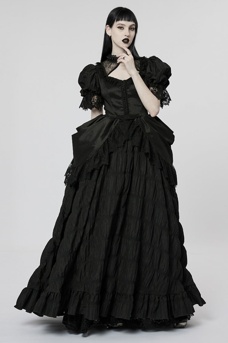 Black Short Puff Sleeves Ruffle Hanayome Stitching Lace Women's Gothic Dress
