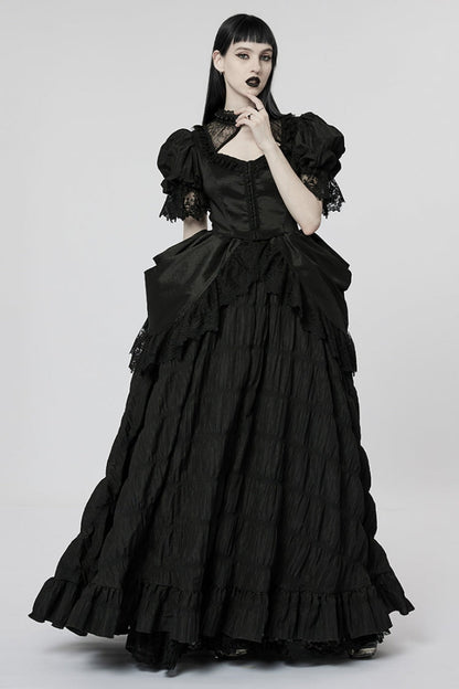 Black Short Puff Sleeves Ruffle Hanayome Stitching Lace Women's Gothic Dress