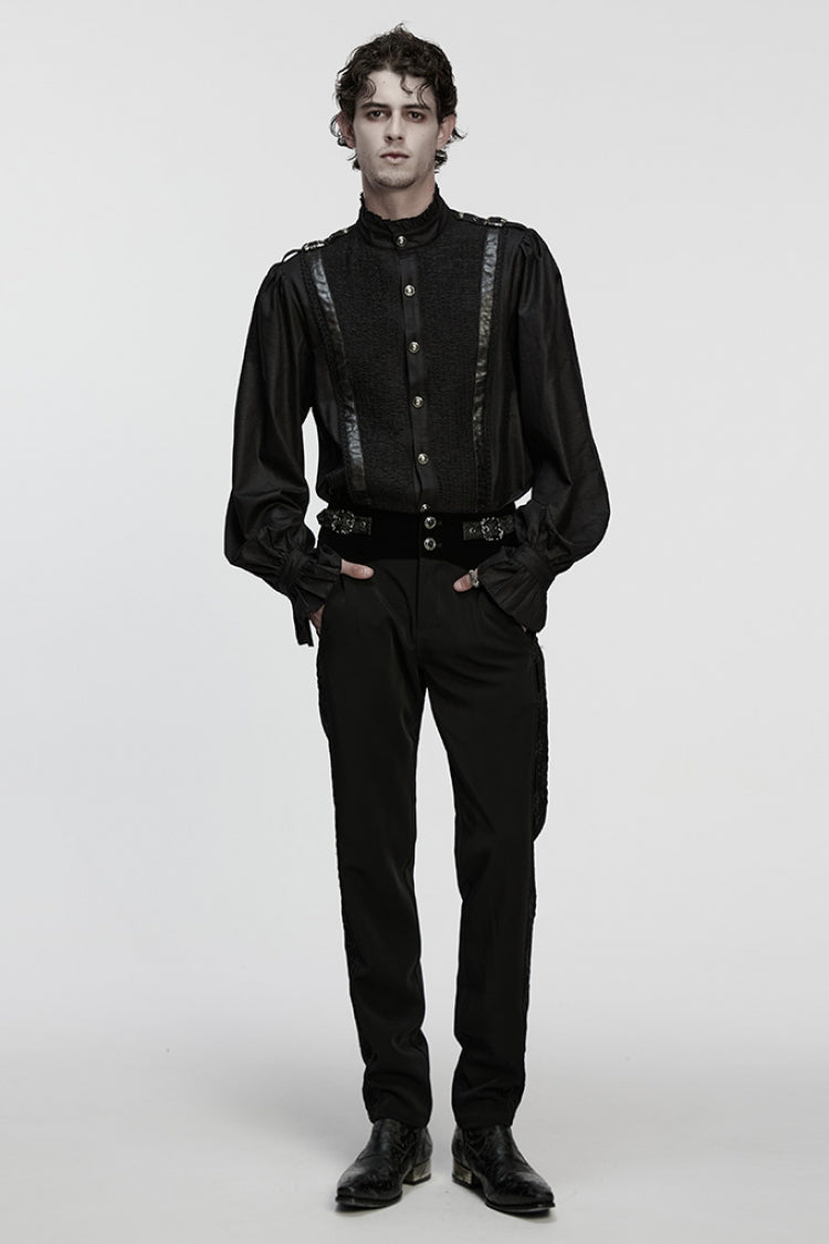 Black Stand Collar Long Puff Sleeves PU Stitching Pleated Men's Gothic Blouse
