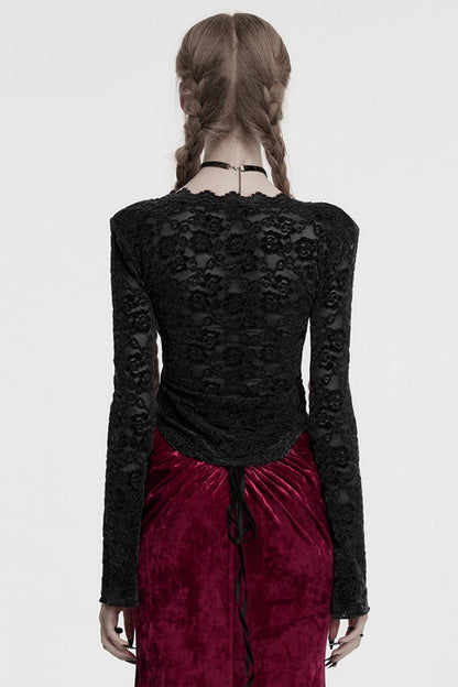 Black V Collar Long Sleeves Lace Sheer Women's Gothic Blouse