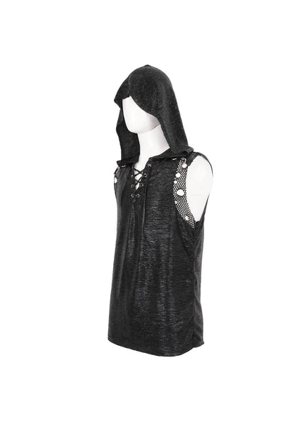 Black Strappy Mesh Splice Men's Punk Vest With Hood
