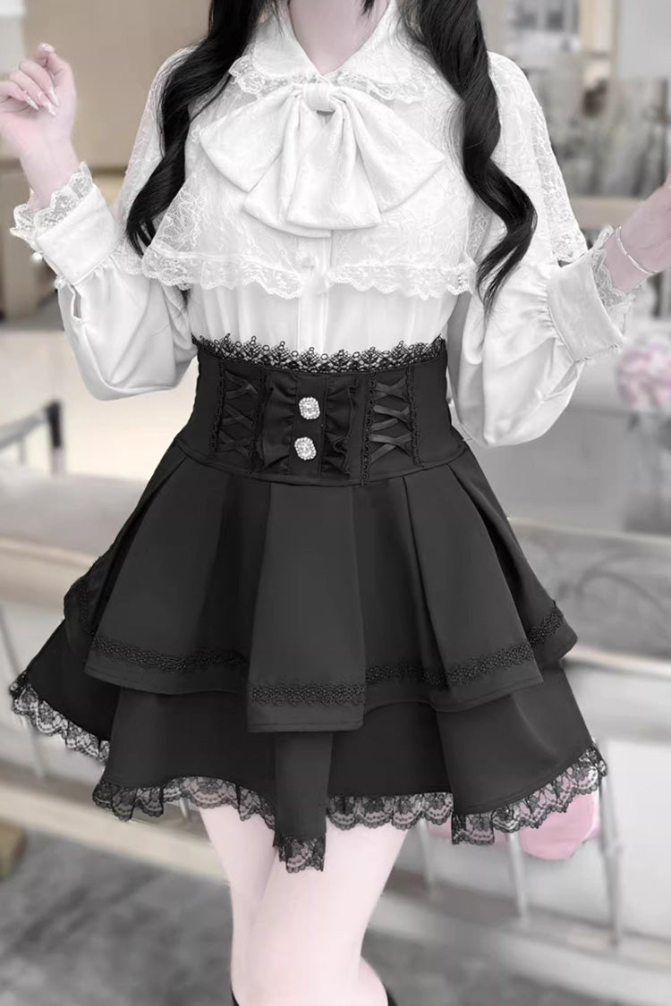 [Dark Moon Shadow] Long Sleeves Double-Layered Ruffled Embroidered Bow Lace-Up Gothic Jirai Kei Lolita Top + Skirt Set