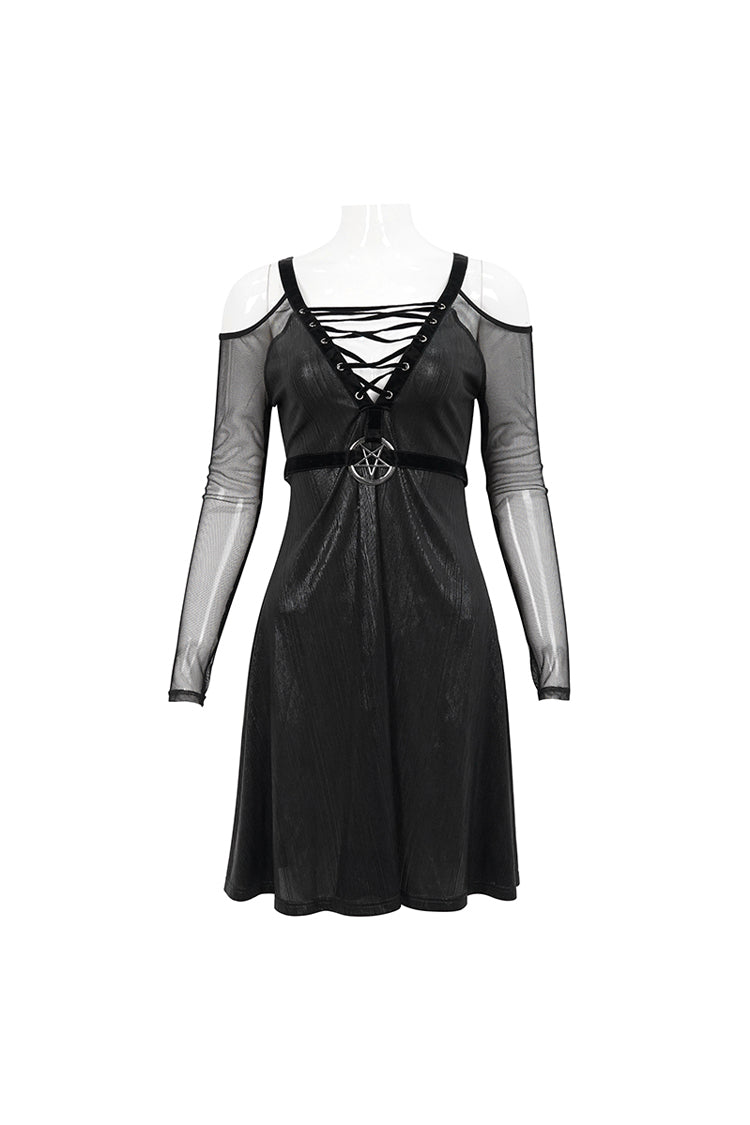 Black Stretch Knit Patchwork Fine Mesh V Neck Cross Tie Metal Pentagram Buckle Strap Women's Punk Dress