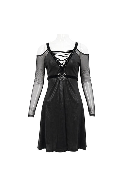 Black Stretch Knit Patchwork Fine Mesh V Neck Cross Tie Metal Pentagram Buckle Strap Women's Punk Dress