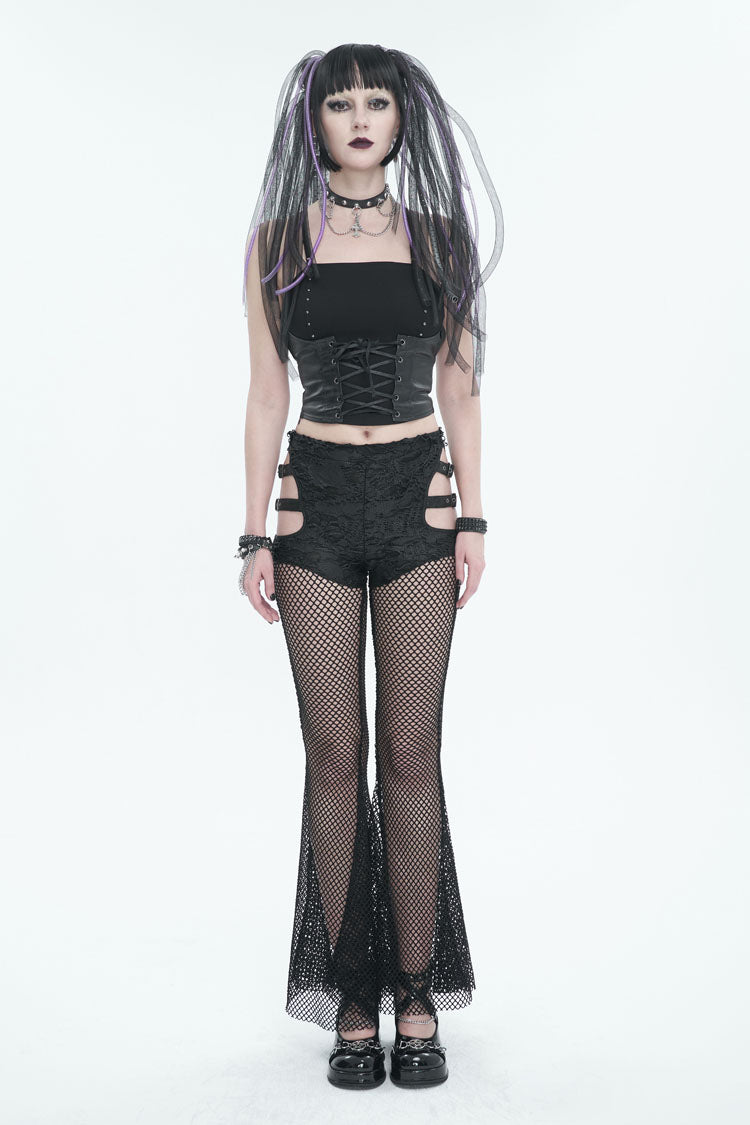 Black Stretch Knit Panel Mesh Cutout Flare Women's Gothic Trousers