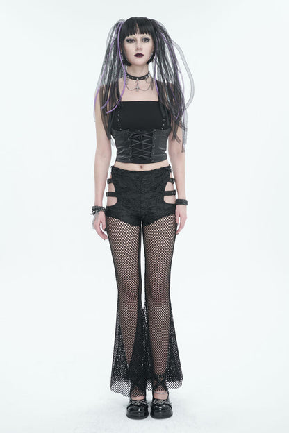 Black Stretch Knit Panel Mesh Cutout Flare Women's Gothic Trousers