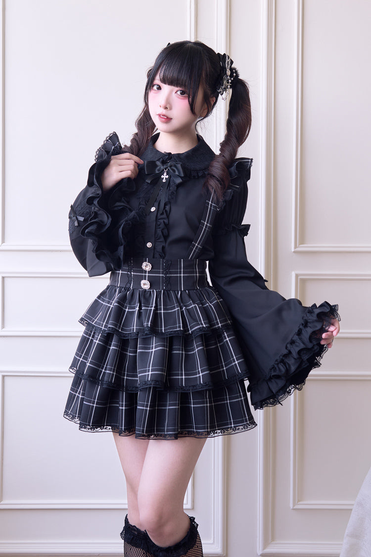 Black Triple-Layered Plaid Print Ruffle Gothic Jirai Kei Japanese Strap Dress