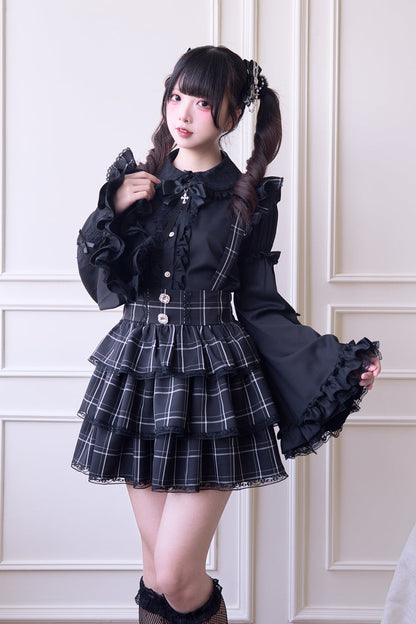 Black Triple-Layered Plaid Print Ruffle Gothic Jirai Kei Japanese Strap Dress
