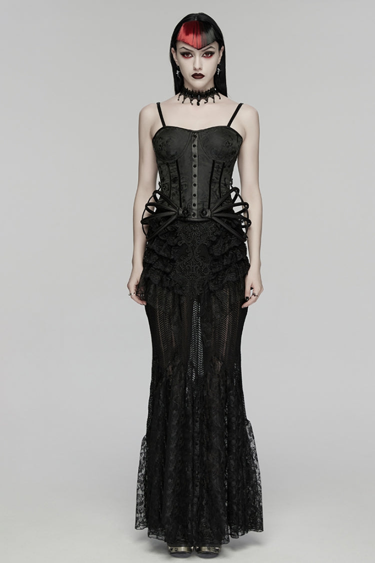 Black Sleeveless Rose Jacquard Lace-Up Women's Gothic Overbust Corset