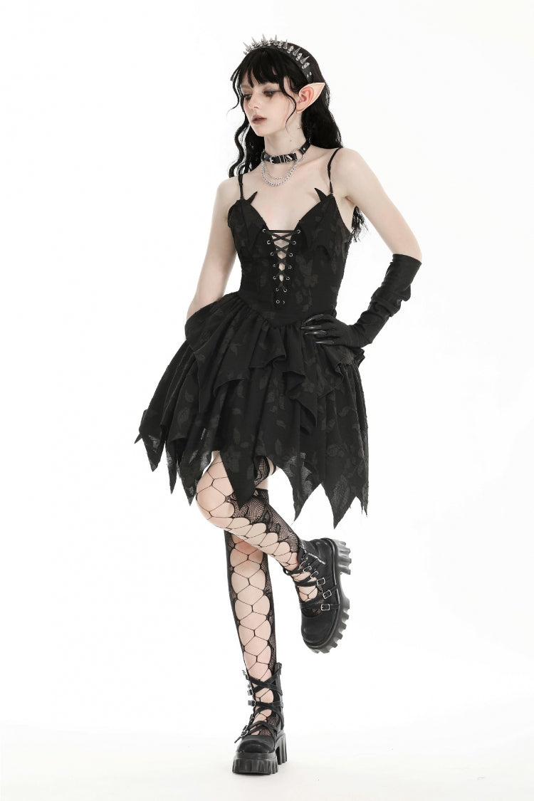 Black V Collar Sleeveless Halloween Printed Irregular Women's Gothic Slip Dress
