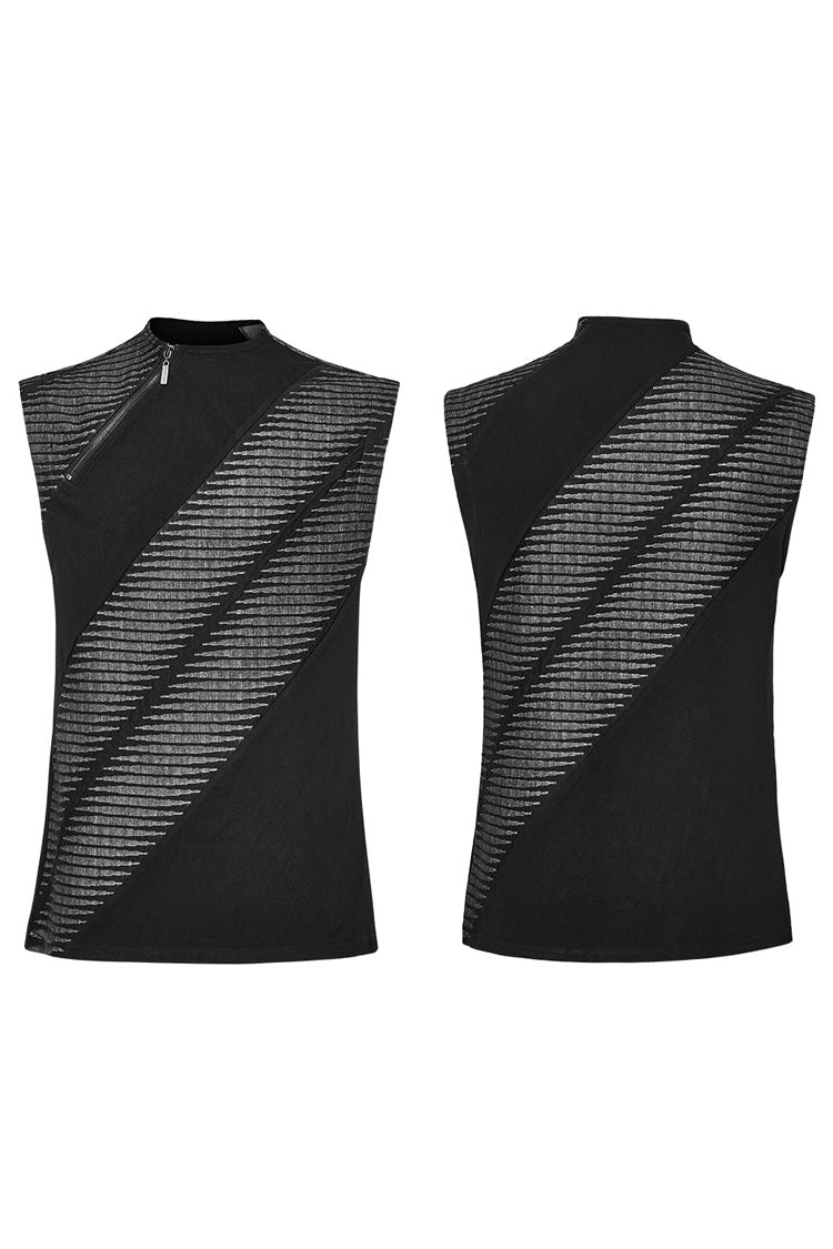 Black Sleeveless Print Asymmetric Zipper Men's Punk Tank Top