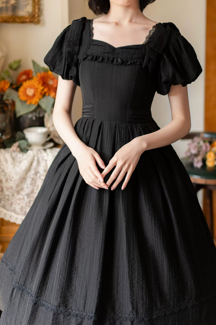 Black [Forest Gallery] Square Collar Short Sleeves Ruffled Bow Classic Vintage Elegant Lolita Dress