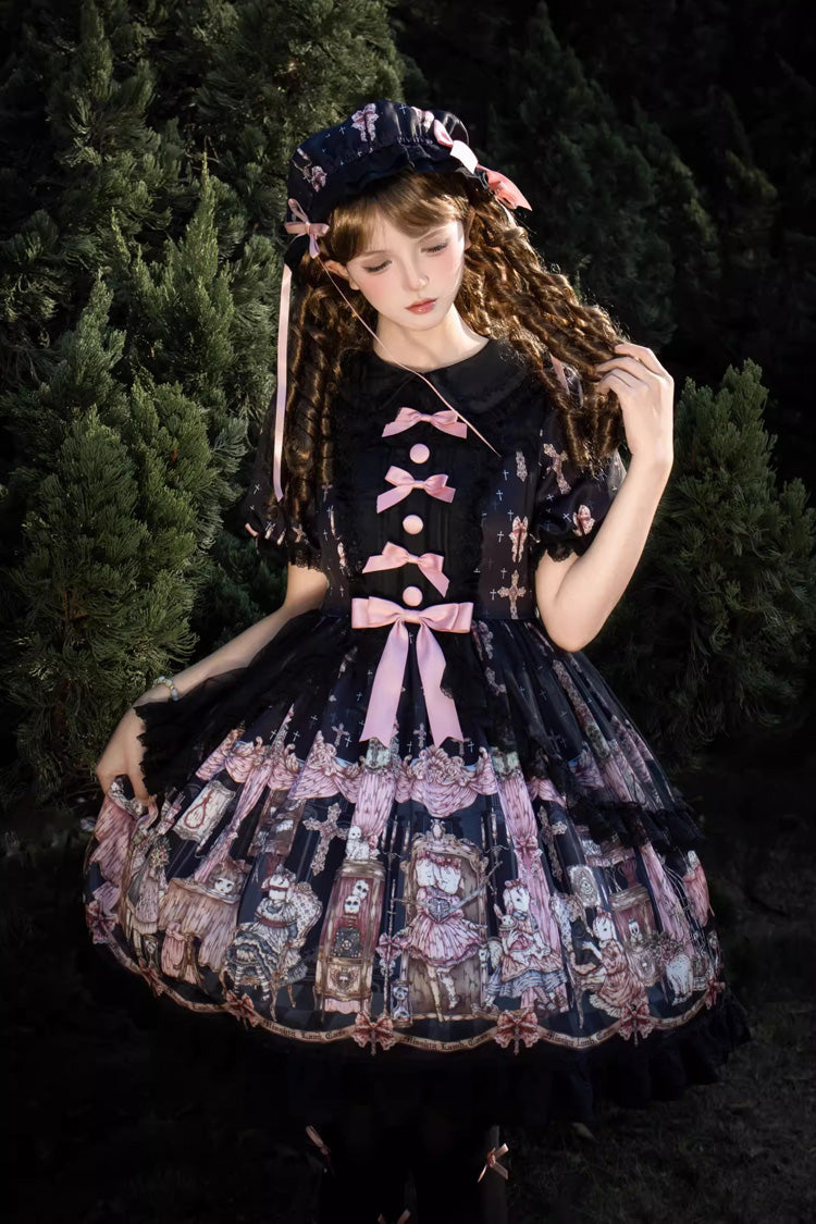Black [The Case of the Missing Lamb] Print Long Sleeves Ruffle Bowknot Lace Gothic Lolita Dress